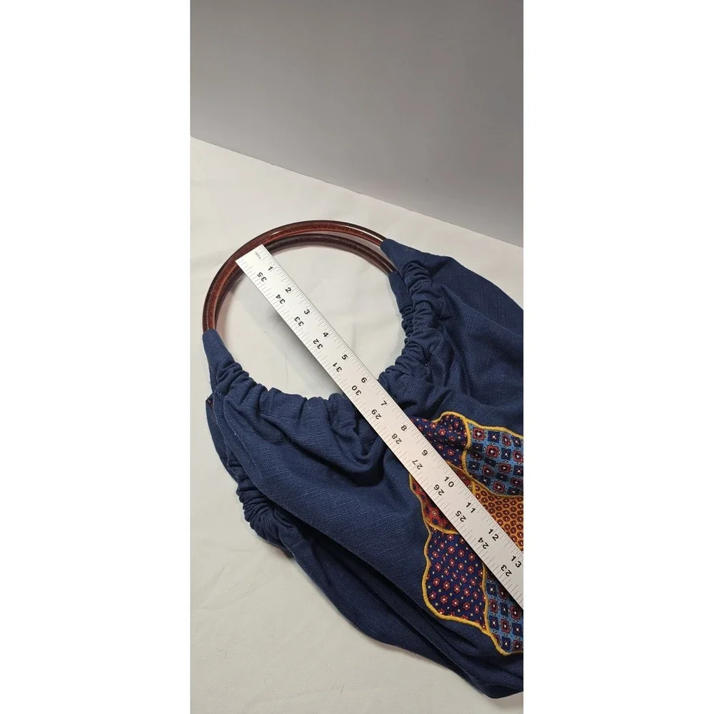 Handmade Boho Blue‎ Ruched Hobo Bag Tortoise Handle Embroidered Floral Lined